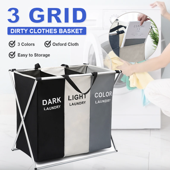 Coș de rufe din material textil cu design modern 3 compartimente pentru sortarea hainelor pe culori