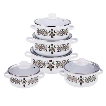 Set oale emailate cu capar sticla termorezistent, 10 piese Cadou Mini tocator Usturoi/legume
