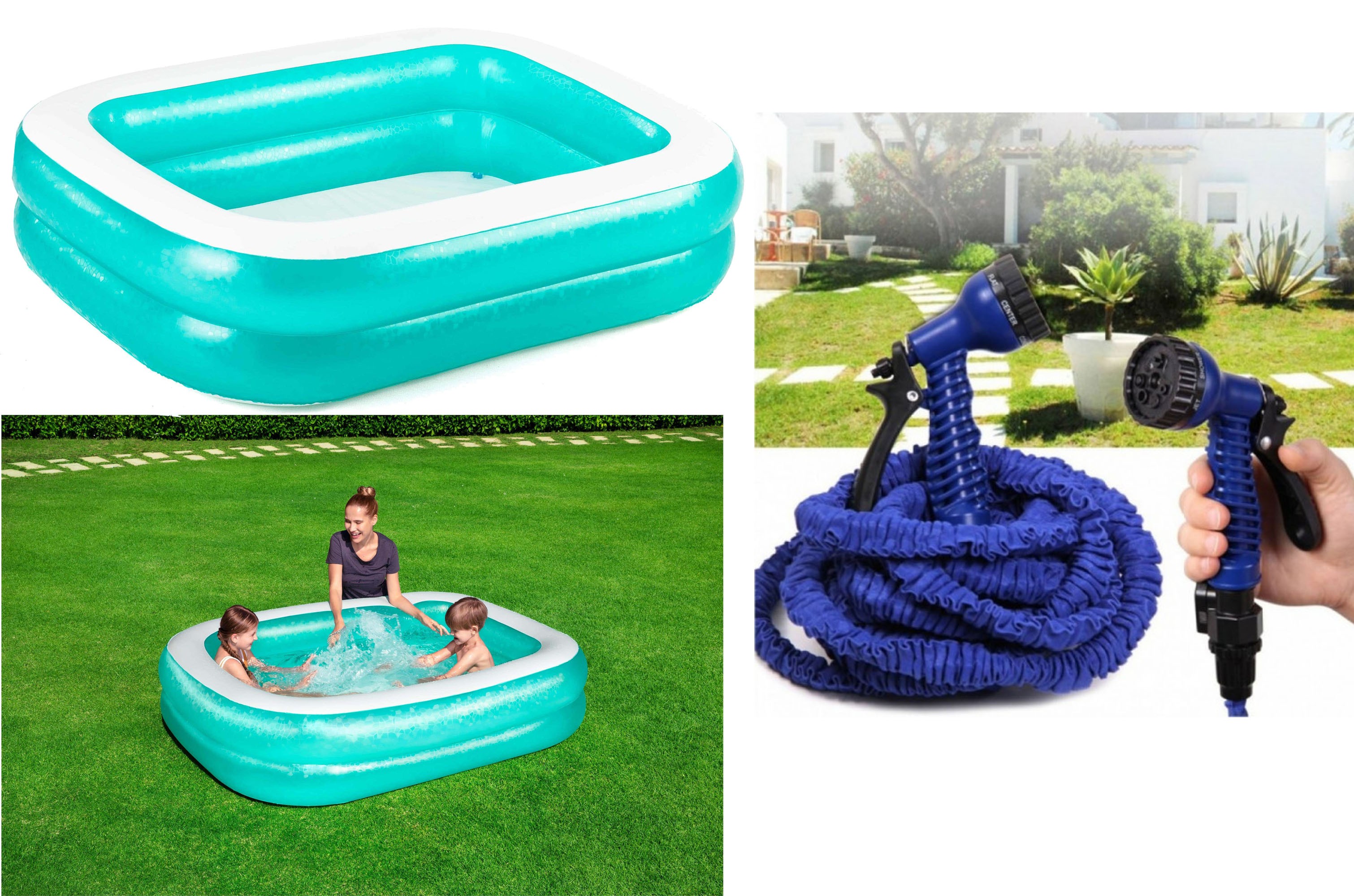Pachet pentru gradina! Piscina gonflabila, 201 X 150 X 51 CM + Furtun de gradina expandabil, Xhose, 30 metri