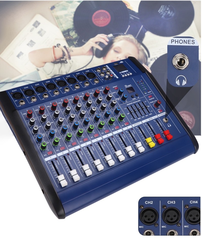 Mixer audio profesional cu amplificare 8 canale, 20 de efecte digitale, EQ, cititor USB