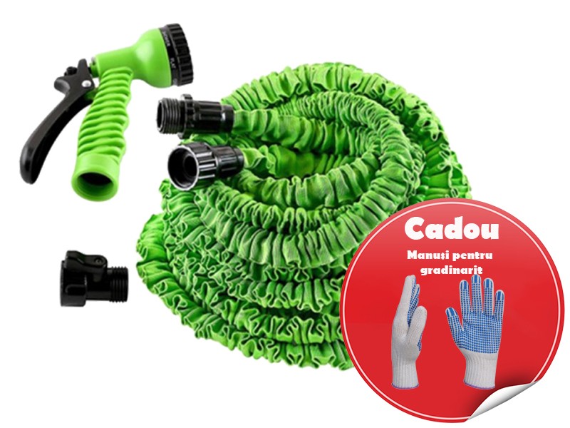 Pachet promotional Furtun extensibil 30 metri cu Pistol de pulverizare cu 7 functii + CADOU Manusi pentru gradinarit