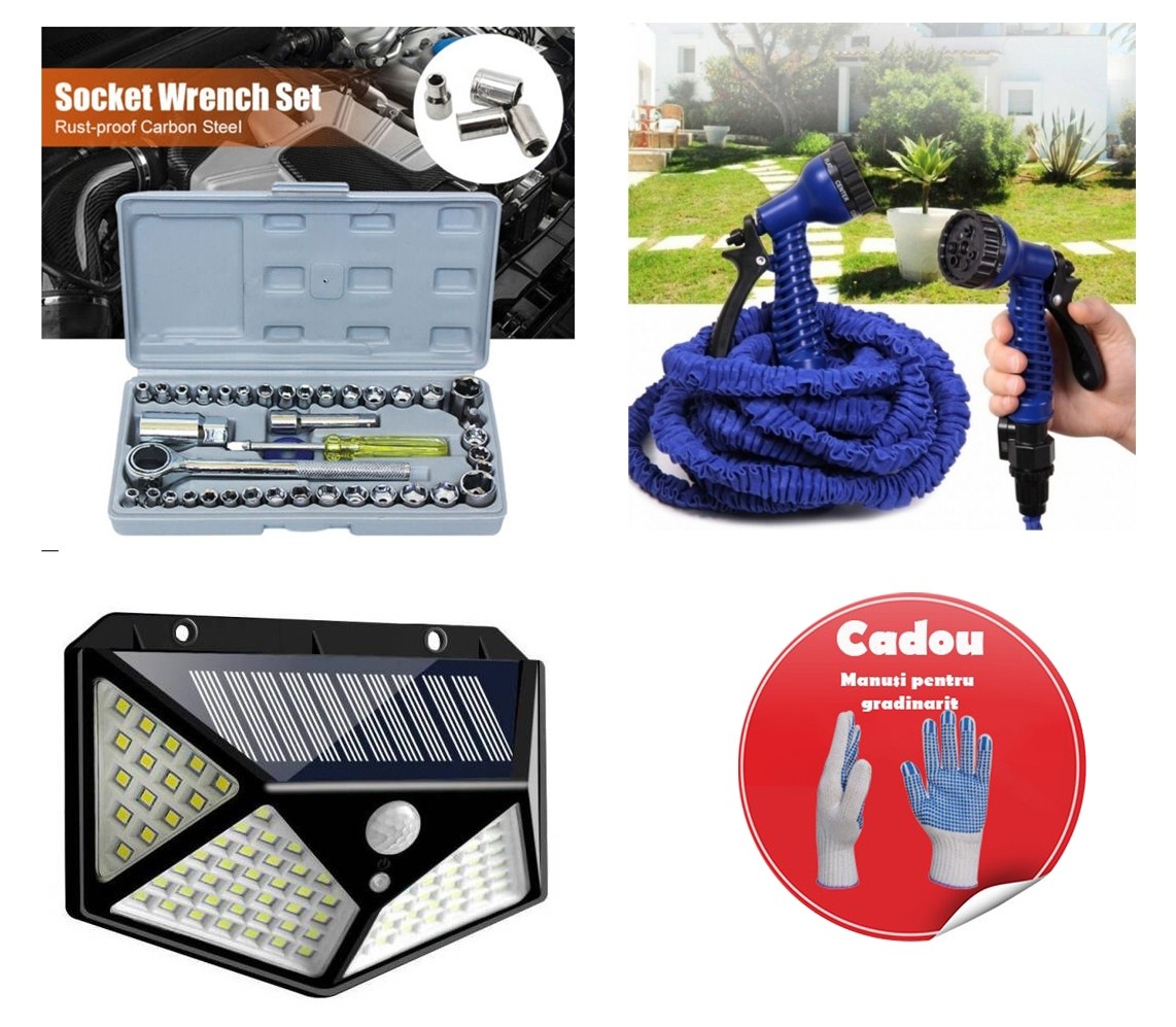 Pachet Promo - Lampa solara senzor crepuscular - Furtun de gradina expandabil - Trusa chei tubulare + Cadou - Stoc Limitat!