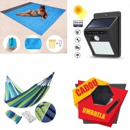 Pachet PROMO - Covoras Plaja, Picnic BeachMat, Lampa Solara cu Senzor de Miscare, Hamac din Bumbac cu Husa + Umbrela CADOU