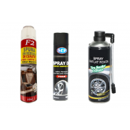 Set 3 spray-uri, Spray pentru curatat tapiterie, Spray solutie activa cauciucuri si Spray pentru reparat anvelope
